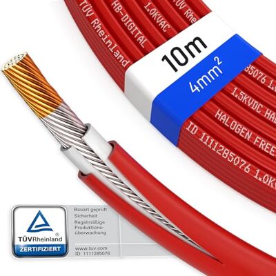 HB-DIGITAL 10 m Cabo solar 4 mm2 certificado TÜV Rheinland H1Z2Z2-resistente aos raios UV flexível, cobre puro 1500 V cabo de extensão fotovoltaico para painel solar inversor vermelho HB-DIGITAL 10 m Cabo solar 4 mm2 certificado TÜV Rheinland H1Z2Z2-resistente aos raios UV flexível, cobre puro 1500 V cabo de extensão fotovoltaico para painel solar inversor vermelho