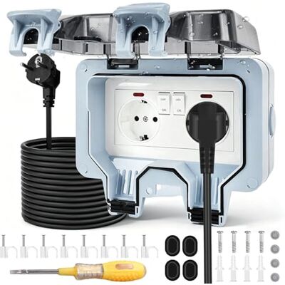 Aicharynic Tomada exterior, impermeável IP66, tomada dupla exterior com cabo de extensão de 3 m, interruptor, luz de controlo, chave de fenda e tampa dobrável, tomada de parede para jardim Aicharynic Tomada exterior, impermeável IP66, tomada dupla exterior com cabo de extensão de 3 m, interruptor, luz de controlo, chave de fenda e tampa dobrável, tomada de parede para jardim