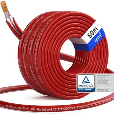 HB-DIGITAL 50 m Cabo solar 4 mm2 certificado TÜV Rheinland H1Z2Z2-resistente aos raios UV flexível, cobre puro 1500 V cabo de extensão fotovoltaico para painel solar inversor vermelho HB-DIGITAL 50 m Cabo solar 4 mm2 certificado TÜV Rheinland H1Z2Z2-resistente aos raios UV flexível, cobre puro 1500 V cabo de extensão fotovoltaico para painel solar inversor vermelho