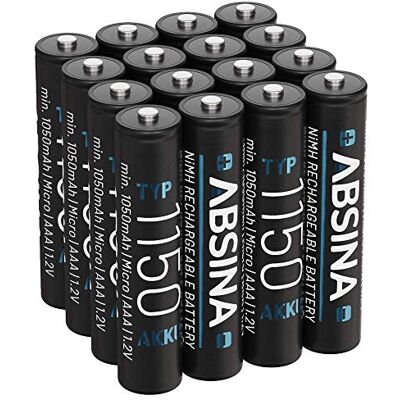 ABSINA 16 pilhas recarregáveis AAA 1150 NiMH pilhas AAA 1,2 V e pelo menos 1050 mAh Baterias recarregáveis AAA para dispositivos de alto consumo pilhas AAA recarregáveis para telefones pilhas ABSINA 16 pilhas recarregáveis AAA 1150 NiMH pilhas AAA 1,2 V e pelo menos 1050 mAh Baterias recarregáveis AAA para dispositivos de alto consumo pilhas AAA recarregáveis para telefones pilhas