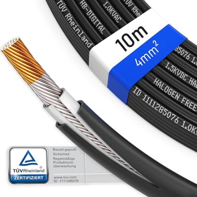 HB-DIGITAL 10 m Cabo solar 4 mm2 certificado TÜV Rheinland H1Z2Z2-resistente aos raios UV flexível, cobre puro 1500 V cabo de extensão fotovoltaico para painel solar inversor preto HB-DIGITAL 10 m Cabo solar 4 mm2 certificado TÜV Rheinland H1Z2Z2-resistente aos raios UV flexível, cobre puro 1500 V cabo de extensão fotovoltaico para painel solar inversor preto