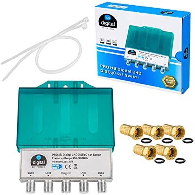 HB-DIGITAL DisseqC Interruptor 4/1 com capa de proteção contra intempéries, 4 x SAT LNB 1 x recetor para Full HDTV 3D 4K UHD 5 x conectores F banhados a ouro HB-DIGITAL DisseqC Interruptor 4/1 com capa de proteção contra intempéries, 4 x SAT LNB 1 x recetor para Full HDTV 3D 4K UHD 5 x conectores F banhados a ouro