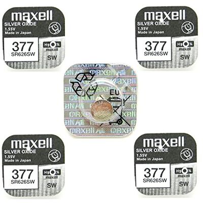 Maxell 377 Pilhas de óxido de prata, 1,55 V, 5 unidades por recipiente Maxell 377 Pilhas de óxido de prata, 1,55 V, 5 unidades por recipiente