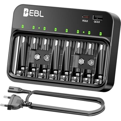 EBL Carregador de pilhas para AA AAA 9V, 8 ranhuras independentes com carregador de bateria USB-C PD3.0 e entrada micro USB, carregador rápido EBL Carregador de pilhas para AA AAA 9V, 8 ranhuras independentes com carregador de bateria USB-C PD3.0 e entrada micro USB, carregador rápido