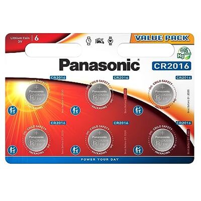 Panasonic CR2016 Botão de lítio não recarregável, 3 V, 90 mAh, pacote de 6 unidades Panasonic CR2016 Botão de lítio não recarregável, 3 V, 90 mAh, pacote de 6 unidades