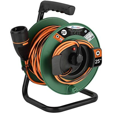 Electraline Cabo de extensão com enrolador de cabos para jardim 25M 3G1 com tomada de corrente Electralock equipado com um mecanismo de bloqueio que evita a desconexão acidental da ficha, verde Electraline Cabo de extensão com enrolador de cabos para jardim 25M 3G1 com tomada de corrente Electralock equipado com um mecanismo de bloqueio que evita a desconexão acidental da ficha, verde