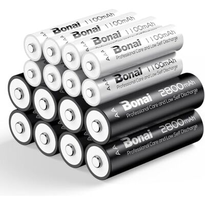 BONAI 16 Peças Pilhas Recarrregáveis AA/AAA, Bateria de Alta Capacidade 2800/1100 mAh 1.2V 1200 Ciclos de Pilhas AA Recarrregáveis NI-MH, AAA Recarrregáveis Pré-carregadas, Baixa Autodescarga BONAI 16 Peças Pilhas Recarrregáveis AA/AAA, Bateria de Alta Capacidade 2800/1100 mAh 1.2V 1200 Ciclos de Pilhas AA Recarrregáveis NI-MH, AAA Recarrregáveis Pré-carregadas, Baixa Autodescarga