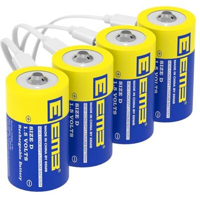 EEMB Pilhas D recarregáveis 1,5 V pilhas D recarregáveis 5550 mWh pilhas recarregáveis de lítio D cabo de carregamento USB tipo C bateria de substituição LR20 para lanterna conjunto de 4 EEMB Pilhas D recarregáveis 1,5 V pilhas D recarregáveis 5550 mWh pilhas recarregáveis de lítio D cabo de carregamento USB tipo C bateria de substituição LR20 para lanterna conjunto de 4