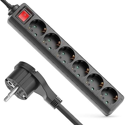 deleyCON Extensão 6 Tomadas com Tomada Plana e Interruptor, 1,4 m, Carcaça Robusta, Interior, Preta deleyCON Extensão 6 Tomadas com Tomada Plana e Interruptor, 1,4 m, Carcaça Robusta, Interior, Preta