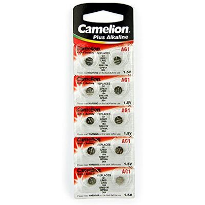Camelion 10 pilhas de botão alcalinas AG1, LR60, 164, 364 e LR621 Conservação de longa duração (data de validade marcada). Camelion 10 pilhas de botão alcalinas AG1, LR60, 164, 364 e LR621 Conservação de longa duração (data de validade marcada).