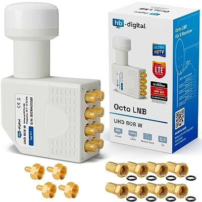 HB-DIGITAL Octo LNB (teste muito bom *) LNC cabeça para 8 participantes direto LTE Protected Satellite Sat Full HD TV 3D 4K UHD banhado a ouro proteção contra intempéries branco 8 conectores F e HB-DIGITAL Octo LNB (teste muito bom *) LNC cabeça para 8 participantes direto LTE Protected Satellite Sat Full HD TV 3D 4K UHD banhado a ouro proteção contra intempéries branco 8 conectores F e