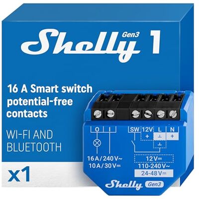 Shelly 1 Gen3 Interruptor Relé Inteligente com Contactos Secos, Wi-Fi e Bluetooth, Controlo Remoto de Luz Por Aplicação, Compatível com Alexa e Google Home, Não requer Hub, Chip de 8 MB 4 Shelly 1 Gen3 Interruptor Relé Inteligente com Contactos Secos, Wi-Fi e Bluetooth, Controlo Remoto de Luz Por Aplicação, Compatível com Alexa e Google Home, Não requer Hub, Chip de 8 MB 4