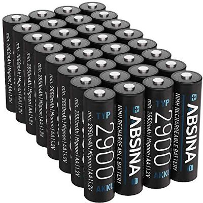 ABSINA 32 pilhas recarregáveis AA 2900 NiMH 1,2 V e min. 2650 mAh Pilhas recarregáveis para dispositivos de alto consumo bateria recarregável para Wii e controlos Xbox ABSINA 32 pilhas recarregáveis AA 2900 NiMH 1,2 V e min. 2650 mAh Pilhas recarregáveis para dispositivos de alto consumo bateria recarregável para Wii e controlos Xbox