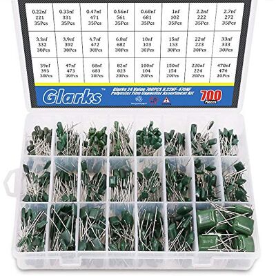 Glarks Kit variedade de condensadores de película de poliéster 24 Value unidades 0,22NF-470NF Glarks Kit variedade de condensadores de película de poliéster 24 Value unidades 0,22NF-470NF