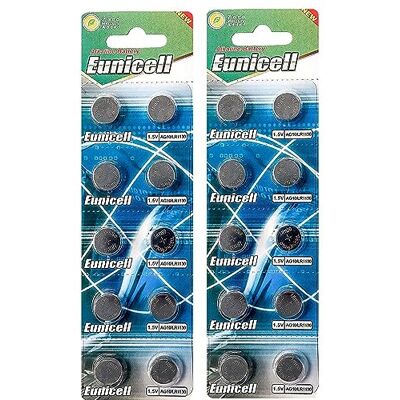 Eunicell 20 pilhas alcalinas AG10 1,5 V – substituem SR1130, SR54, SR1131, 389, 390. Eunicell 20 pilhas alcalinas AG10 1,5 V – substituem SR1130, SR54, SR1131, 389, 390.