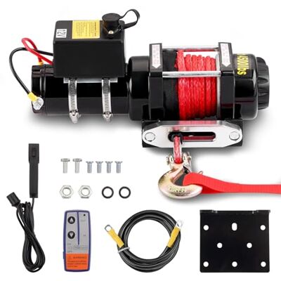 TEENO Guincho elétrico 12 V 4 500 LBS / 2041 kg, corda sintética 5,5 mm x 10 m, cabo de corda de nylon com controlador por cabo TEENO Guincho elétrico 12 V 4 500 LBS / 2041 kg, corda sintética 5,5 mm x 10 m, cabo de corda de nylon com controlador por cabo