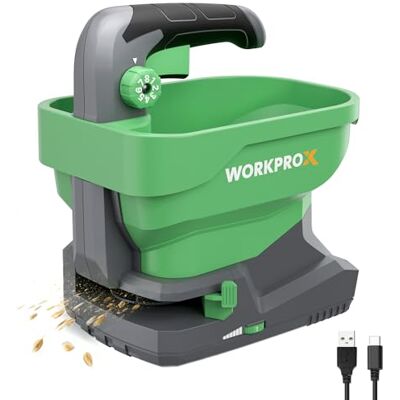 WORKPRO X Semeadora elétrica 7,2 V com 8 níveis de fluxo Depósito de 2,5 l e 6 velocidades para sementes, fertilizante e sal antigo em jardins e grandes superfícies WORKPRO X Semeadora elétrica 7,2 V com 8 níveis de fluxo Depósito de 2,5 l e 6 velocidades para sementes, fertilizante e sal antigo em jardins e grandes superfícies