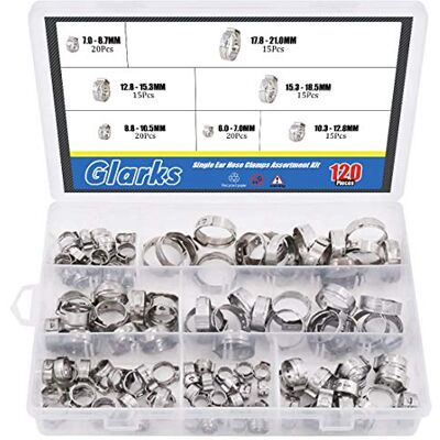 Glarks 120 unidades 7 21 mm 304 aço inoxidável somente ouvido Stepless braçadeiras para mangueira sortida kit Glarks 120 unidades 7 21 mm 304 aço inoxidável somente ouvido Stepless braçadeiras para mangueira sortida kit