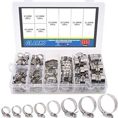 Glarks Conjunto de 100 braçadeiras de mangueira ajustáveis em aço inoxidável 304 de alcance de 8 a 44 mm, braçadeira de linha de combustível para tubo de água, canalização e aplicação Glarks Conjunto de 100 braçadeiras de mangueira ajustáveis em aço inoxidável 304 de alcance de 8 a 44 mm, braçadeira de linha de combustível para tubo de água, canalização e aplicação