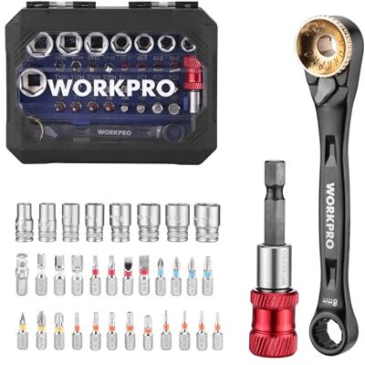 WORKPRO Carraca 1/4 Cr-V, conjunto de copos de 34 peças com adaptador Inclui chave de fenda magnética e acessórios compactos para bricolagem, reparação e manutenção diária WORKPRO Carraca 1/4 Cr-V, conjunto de copos de 34 peças com adaptador Inclui chave de fenda magnética e acessórios compactos para bricolagem, reparação e manutenção diária
