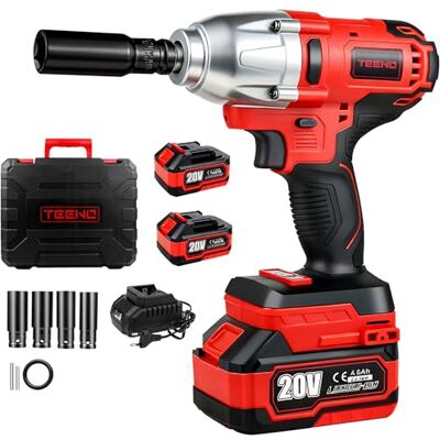 TEENO Chave de impacto sem fios brushless 20 V 1/2" resistente Torque máximo 600 N.m, 1 × 4,0 Ah baterias carregador compressor de ar 4 bicos, para reparação automotiva TEENO Chave de impacto sem fios brushless 20 V 1/2" resistente Torque máximo 600 N.m, 1 × 4,0 Ah baterias carregador compressor de ar 4 bicos, para reparação automotiva