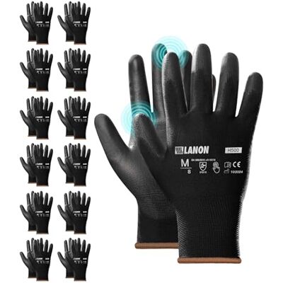 LANON Protection LANON Luvas de trabalho de 12 pares, revestimentos de PU, luvas de segurança multiusos para homens e mulheres, tecido sem costuras, tamanho 10 LANON Protection LANON Luvas de trabalho de 12 pares, revestimentos de PU, luvas de segurança multiusos para homens e mulheres, tecido sem costuras, tamanho 10