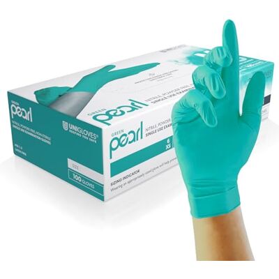 UNIGLOVES Guantes de exame de nitrilo Green Pearl Luvas descartáveis multiuso, sem pó e sem látex Caixa de 100 luvas, cor verde, tamanho médio () UNIGLOVES Guantes de exame de nitrilo Green Pearl Luvas descartáveis multiuso, sem pó e sem látex Caixa de 100 luvas, cor verde, tamanho médio ()