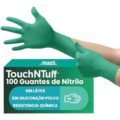 Ansell TouchNTuff 92-600 Luvas descartáveis de nitrilo sem pó, alta proteção química e mecânica, segurança alimentar, luvas multiusos profissionais, verde, tamanho L (100 luvas) Ansell TouchNTuff 92-600 Luvas descartáveis de nitrilo sem pó, alta proteção química e mecânica, segurança alimentar, luvas multiusos profissionais, verde, tamanho L (100 luvas)