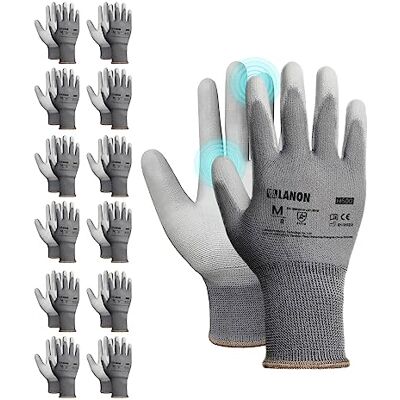 LANON Protection LANON Luvas de trabalho de 12 pares, revestimentos de PU, luvas de segurança multiusos para homens e mulheres, tecido sem costuras, tamanho 10 LANON Protection LANON Luvas de trabalho de 12 pares, revestimentos de PU, luvas de segurança multiusos para homens e mulheres, tecido sem costuras, tamanho 10