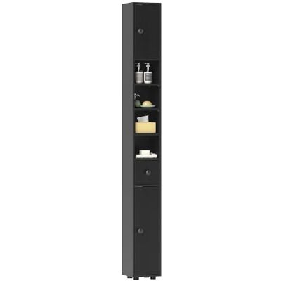 kleankin Armário de casa de banho alto para espaços pequenos 20 x 20 x 180 Coluna de casa de banho estreita, 1 gaveta, 4 prateleiras abertas, prateleiras ajustáveis, 2 portas, estilo moderno kleankin Armário de casa de banho alto para espaços pequenos 20 x 20 x 180 Coluna de casa de banho estreita, 1 gaveta, 4 prateleiras abertas, prateleiras ajustáveis, 2 portas, estilo moderno