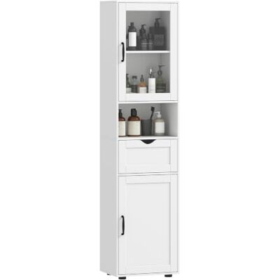 HOMCOM Armario de Baño Alto con Puerta de Vidrio Cajón 40x30x165 cm Blanco Armário auxiliar de casa de banho, prateleiras ajustáveis, prateleira aberta, coluna estreita para espaços pequenos HOMCOM Armario de Baño Alto con Puerta de Vidrio Cajón 40x30x165 cm Blanco Armário auxiliar de casa de banho, prateleiras ajustáveis, prateleira aberta, coluna estreita para espaços pequenos