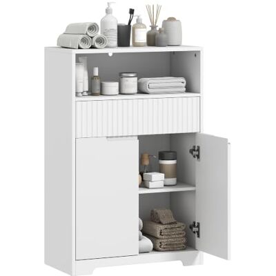 HOMCOM Armário de casa de banho estreito com prateleira ajustável 60 x 30 x Armário de casa de banho, gaveta frontal canelada, prateleira aberta, 2 portas, estilo moderno HOMCOM Armário de casa de banho estreito com prateleira ajustável 60 x 30 x Armário de casa de banho, gaveta frontal canelada, prateleira aberta, 2 portas, estilo moderno