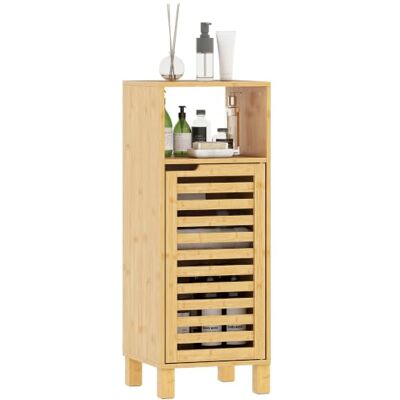 HOMCOM Armario de Baño de Bambú, Mueble Auxiliar, 30x30x80 cm, Natural Coluna de casa de banho estreita, prateleira aberta, porta de lama, prateleira ajustável HOMCOM Armario de Baño de Bambú, Mueble Auxiliar, 30x30x80 cm, Natural Coluna de casa de banho estreita, prateleira aberta, porta de lama, prateleira ajustável