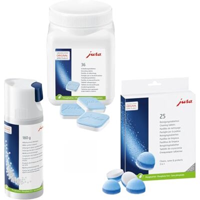 Jura Starter Pack, 25 pastilhas de limpeza (3 fases) 36 pastilhas descalcificadoras + 180 g limpeza do sistema de leite Jura Starter Pack, 25 pastilhas de limpeza (3 fases) 36 pastilhas descalcificadoras + 180 g limpeza do sistema de leite