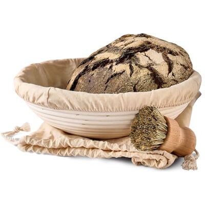 Praknu Cesta de fermentação para pão Banneton redondo 2 kg 30 cm Feita de rato sustentável, conjunto com pincel, tecido de linho e saco de pão Praknu Cesta de fermentação para pão Banneton redondo 2 kg 30 cm Feita de rato sustentável, conjunto com pincel, tecido de linho e saco de pão