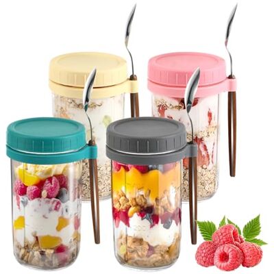 Pavlleen Tarros de Cristal 600ml con Tapa y Cuchara, Mason Jars con Medidor Frascos de aveia noturna portátil, para cereais, leite, iogurte e frutas Pavlleen Tarros de Cristal 600ml con Tapa y Cuchara, Mason Jars con Medidor Frascos de aveia noturna portátil, para cereais, leite, iogurte e frutas