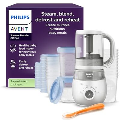 AVENT Philips Set de presente de liquidificador com vaporeira: robot de cozinha infantil 4 em 1, cozinhe a vapor, bata, descongele e reaqueça a comida, com taças de armazenamento e tampas, AVENT Philips Set de presente de liquidificador com vaporeira: robot de cozinha infantil 4 em 1, cozinhe a vapor, bata, descongele e reaqueça a comida, com taças de armazenamento e tampas,