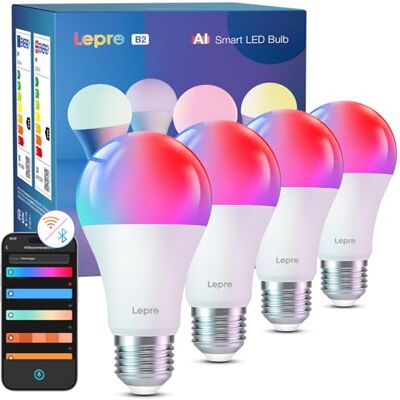 Lepro B2 AI Lâmpada LED inteligente, E27 lâmpada Wi-Fi 10 W 1100 LM regulável RGB designer de iluminação AI personalizado, compatível com Alexa e Google Home, controlo por voz, Sync de música, 4 Lepro B2 AI Lâmpada LED inteligente, E27 lâmpada Wi-Fi 10 W 1100 LM regulável RGB designer de iluminação AI personalizado, compatível com Alexa e Google Home, controlo por voz, Sync de música, 4