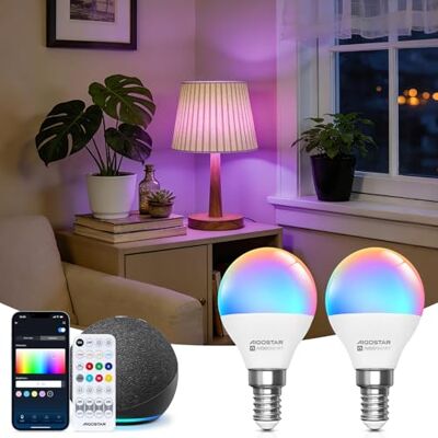 Aigostar Mesh Lâmpada inteligente Bluetooth Mesh, G45. 2700K-6500K e RGB regulável, E14, 6,5W, 555LM. Lâmpada LED inteligente compatível com Alexa e Google Home. Inclui controle remoto. 2 unidades Aigostar Mesh Lâmpada inteligente Bluetooth Mesh, G45. 2700K-6500K e RGB regulável, E14, 6,5W, 555LM. Lâmpada LED inteligente compatível com Alexa e Google Home. Inclui controle remoto. 2 unidades