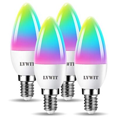 LVWIT Lâmpadas inteligentes E14, compatíveis com Alexa, Google Home Assistant e Smart Life/Tuya App, lâmpada Wi-Fi vela de 5 W 470 lm, lâmpada regulável LED C37, equivalente a 40 W 4 unidades. LVWIT Lâmpadas inteligentes E14, compatíveis com Alexa, Google Home Assistant e Smart Life/Tuya App, lâmpada Wi-Fi vela de 5 W 470 lm, lâmpada regulável LED C37, equivalente a 40 W 4 unidades.