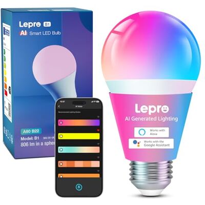 Lepro B1 AI Lâmpada LED E27, Lâmpada Inteligente Alexa 8,5 W RGB Regulável, Sincronização Wi-Fi de Música e Controle de Voz, Designer de Iluminação AI Personalizado, Funciona com Alexa, Google Home, 1 Lepro B1 AI Lâmpada LED E27, Lâmpada Inteligente Alexa 8,5 W RGB Regulável, Sincronização Wi-Fi de Música e Controle de Voz, Designer de Iluminação AI Personalizado, Funciona com Alexa, Google Home, 1