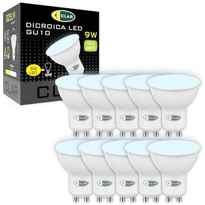 CLAR GU10 LED, Lâmpada LED GU10, Lâmpadas LED luz fria 9W (Pack de 10) CLAR GU10 LED, Lâmpada LED GU10, Lâmpadas LED luz fria 9W (Pack de 10)