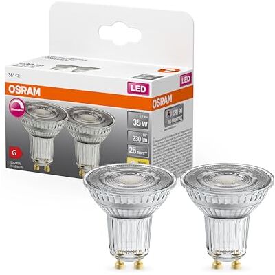 OSRAM Candeeiro refletor Superstar, GU10 base, vidro transparente, branco quente (2700 K), 230 lúmen, substituto de 35 W iluminante 2-pacote OSRAM Candeeiro refletor Superstar, GU10 base, vidro transparente, branco quente (2700 K), 230 lúmen, substituto de 35 W iluminante 2-pacote