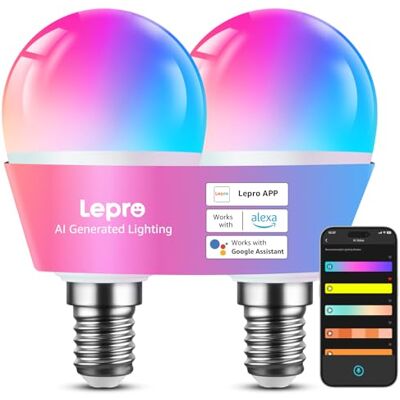 Lepro AI Lâmpada LED E14, G45 Lâmpada Inteligente Alexa RGB+CCT Regulável 4,9W 470LM, Designer de Iluminação AI Personalizado Wi-Fi Controle de Voz e Sincronização de Música, Funciona com Google Lepro AI Lâmpada LED E14, G45 Lâmpada Inteligente Alexa RGB+CCT Regulável 4,9W 470LM, Designer de Iluminação AI Personalizado Wi-Fi Controle de Voz e Sincronização de Música, Funciona com Google