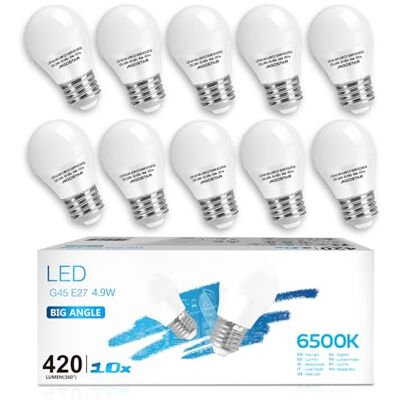 Aigostar -10 x E27 Lâmpada LED G45, casquilho grosso 5 W, baixo consumo, 420 lm, luz fria 6500 K, economia de energia, CRI> 80, ângulo de abertura 230º, não regulável caixa de 10 unidades Aigostar -10 x E27 Lâmpada LED G45, casquilho grosso 5 W, baixo consumo, 420 lm, luz fria 6500 K, economia de energia, CRI> 80, ângulo de abertura 230º, não regulável caixa de 10 unidades