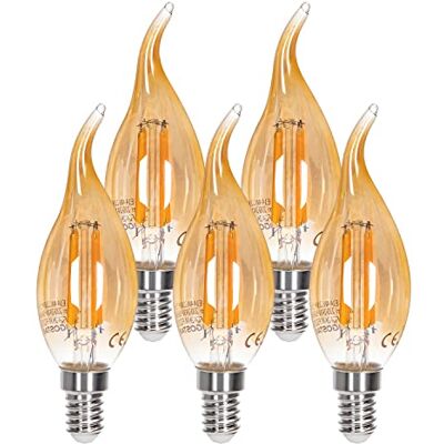 Aigostar Lâmpada LED E14 vela filamento retro vintage 4 W (Equivalente a 35 W), branco quente 2200 K, 400 lúmenes, ângulo de abertura: 330°, CRI>80, cristal âmbar, 5 unidades Aigostar Lâmpada LED E14 vela filamento retro vintage 4 W (Equivalente a 35 W), branco quente 2200 K, 400 lúmenes, ângulo de abertura: 330°, CRI>80, cristal âmbar, 5 unidades
