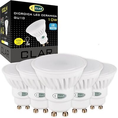 CLAR GU10 4000K, GU10 LED, Lâmpada LED GU10, Olhos de Boi, 10W, Olho Buey LED (Pack de 5) CLAR GU10 4000K, GU10 LED, Lâmpada LED GU10, Olhos de Boi, 10W, Olho Buey LED (Pack de 5)