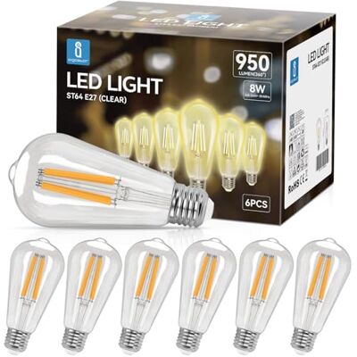 Aigostar Lâmpada LED E27 com filamento, branco quente 2700 K, 8 W (Equivalente a 69 W), 950 lúmenes, não regulável, lâmpadas decorativas, conjunto de 6 unidades Aigostar Lâmpada LED E27 com filamento, branco quente 2700 K, 8 W (Equivalente a 69 W), 950 lúmenes, não regulável, lâmpadas decorativas, conjunto de 6 unidades