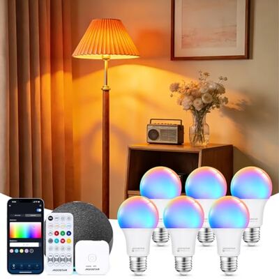 Aigostar Mesh Lâmpada inteligente Bluetooth Mesh, A60. 2700K-6500K e RGB regulável, E27, 9W. Lâmpada LED inteligente compatível com Alexa e Google Home. Inclui controle remoto e Gateway. 6 unidades Aigostar Mesh Lâmpada inteligente Bluetooth Mesh, A60. 2700K-6500K e RGB regulável, E27, 9W. Lâmpada LED inteligente compatível com Alexa e Google Home. Inclui controle remoto e Gateway. 6 unidades