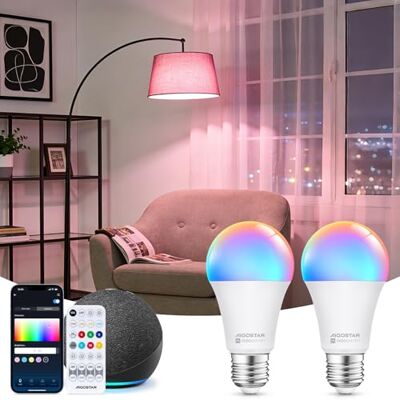 Aigostar Mesh Lâmpada inteligente Bluetooth Mesh, A60. 2700K-6500K e RGB regulável, E27, 12W, 1150 LM. Lâmpada LED inteligente compatível com Alexa e Google Home. Inclui controle remoto. 2 unidades Aigostar Mesh Lâmpada inteligente Bluetooth Mesh, A60. 2700K-6500K e RGB regulável, E27, 12W, 1150 LM. Lâmpada LED inteligente compatível com Alexa e Google Home. Inclui controle remoto. 2 unidades